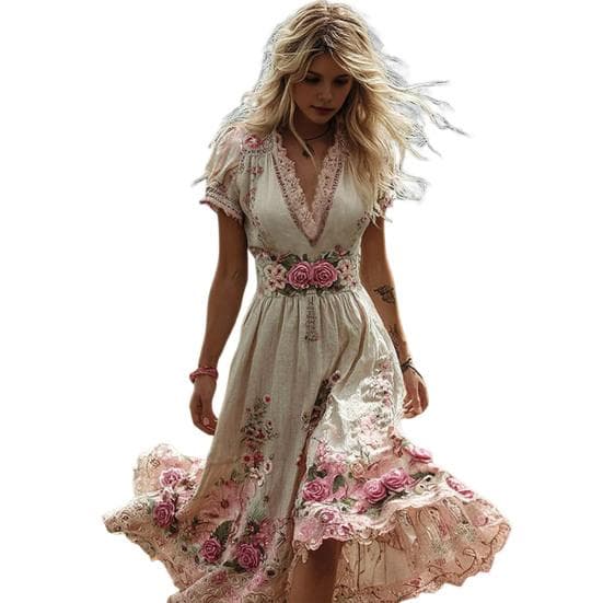 Women's Floral Print Maxi Dress Short Sleeve V Neck Swing Dress Boho Flowy A-Line Dress Casual Prom Party Wedding Guest Dress M beige