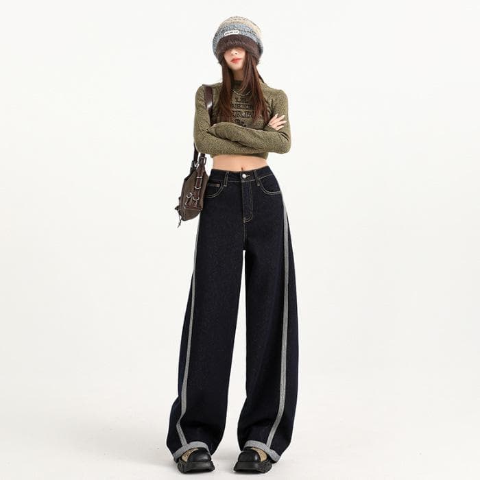 Design-sensual Retro Contrasting Color High-waist Wide-leg Jeans for Women In Autumn and Winter New Loose Straight Slimming Floor Pants XXL