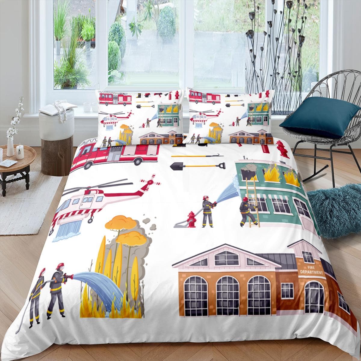 Fire Truck King Queen Duvet Cover Cartoon Police Car Bedding Set for Kids Boys Firefighter Quilt Cover Polyester Comforter Cover 70x133cm 2pcs