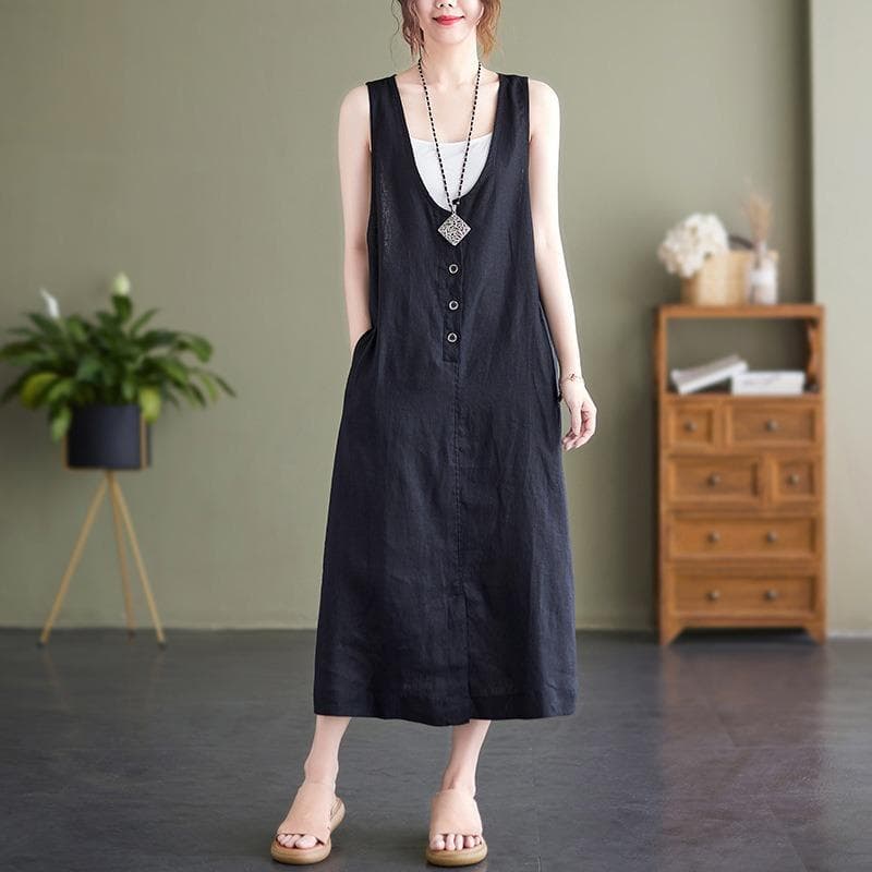 Summer Artistic Loose Solid Color Cotton Hemp V-neck Sleeveless Dress for Women Medium To Long Casual Dresses M black