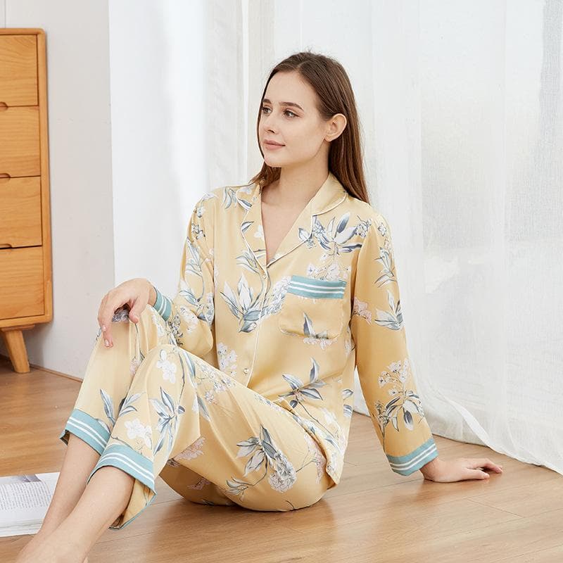 Yellow Printed Casual Lounge Wear Satin Long Sleeve Pants 2 Piece Pajamas Sexy Ladies Lapel Intimate Lingerie Pajamas 2XL yellow