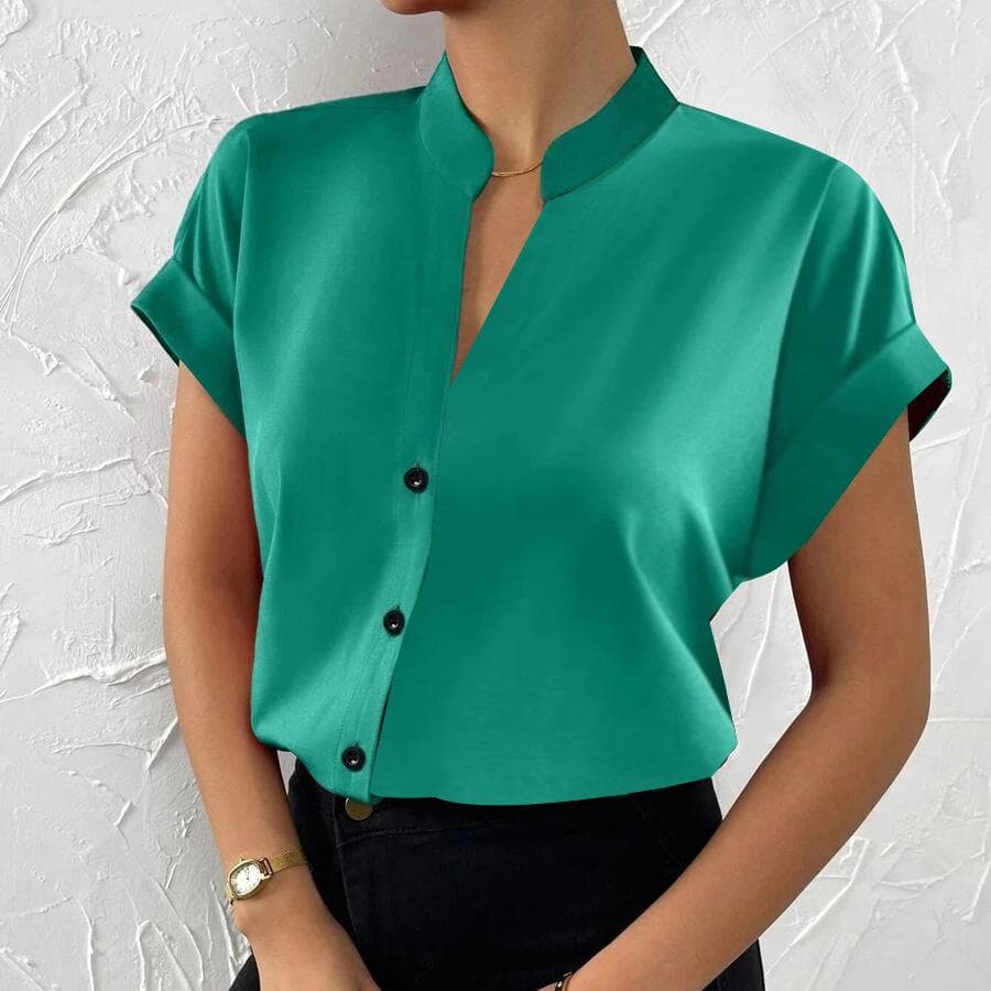 YYFS Women's Fashion Casual Summer Solid Color Print Short Sleeve V-Neck Blouses & Shirts M green