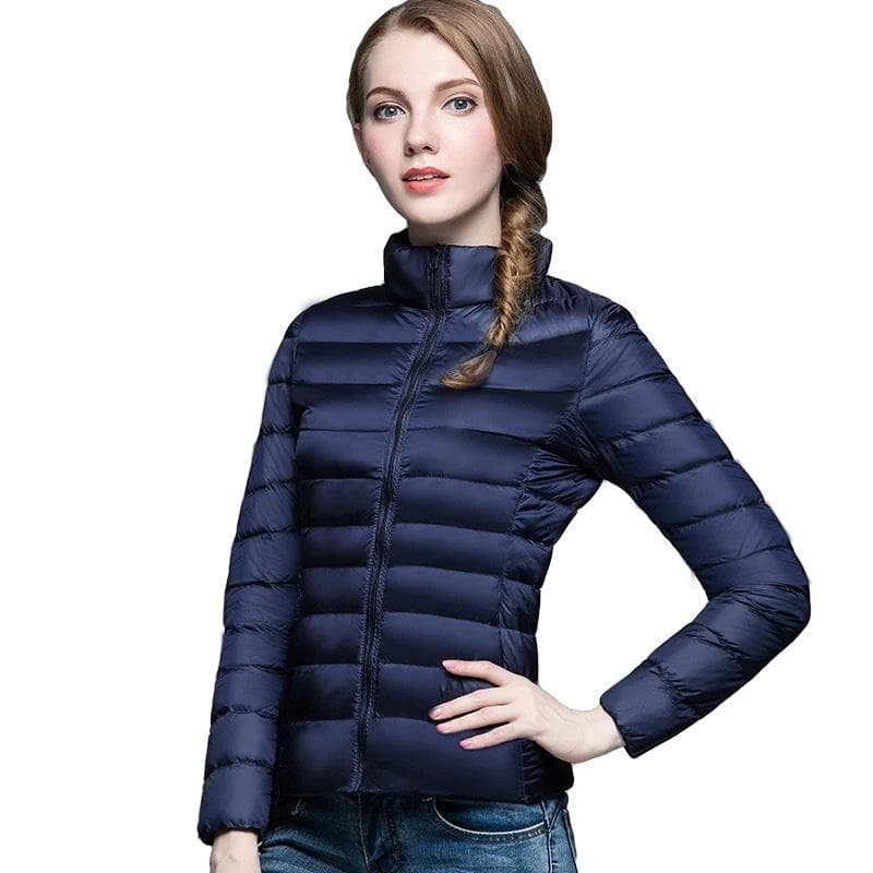 Women Autumn Stand Collor Solid Color Long Sleeve Zipper Slim Lightweight Down Coat M-5XL 4XL navy blue