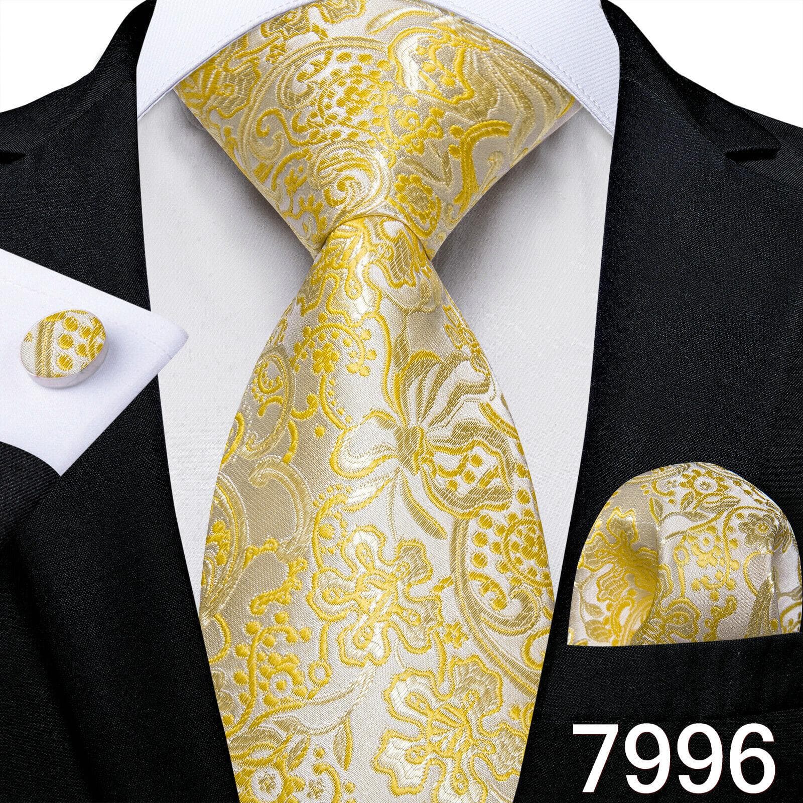 Luxury Gold Yellow Men's Necktie Set Striped Paisley Ties Silk Hanky Cufflinks for Business Set N-7996