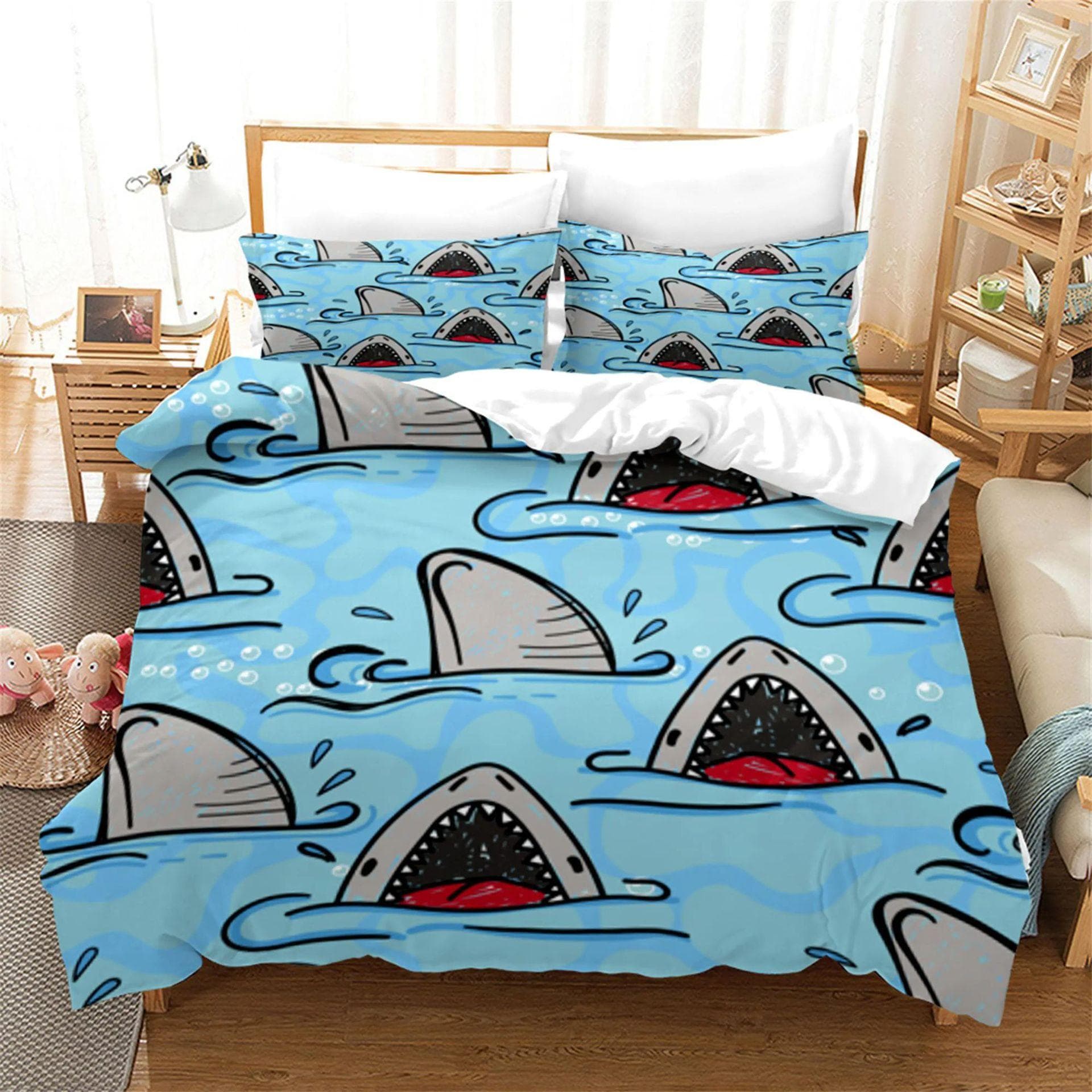 3D Blue Shark Quilt Cover Three-Piece Bedding Home Textile Duvet Cover Independent Station EU Double 200*200