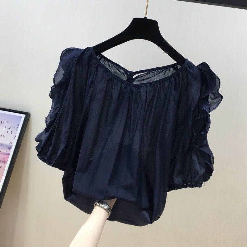2025 Women's Sweet Chiffon T-Shirt: Flattering Summer Style, Versatile Short-Sleeve for Plus-Size Fashion. S dark blue