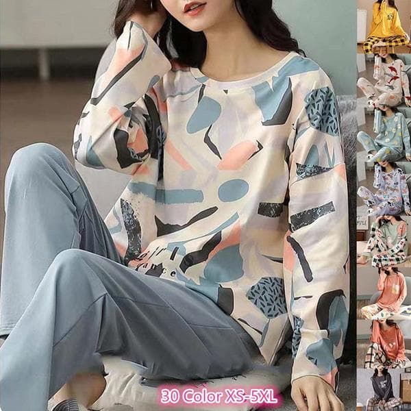 2PCS Set Pajamas for Women Girl Long Sleeve Tops Pants Printed Pyjama Femme Cute Home Ladies Sleepwear L