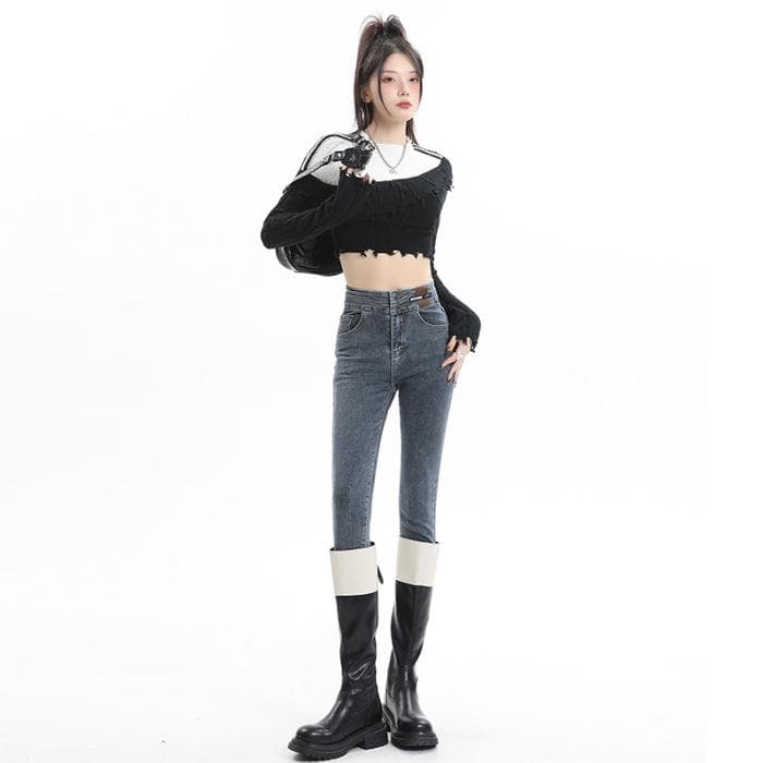 Velvet Jeans for Women In Autumn and Winter Slim Feet for Women In Winter Thickened Tight Small Feet Elastic Pencil Pants 32