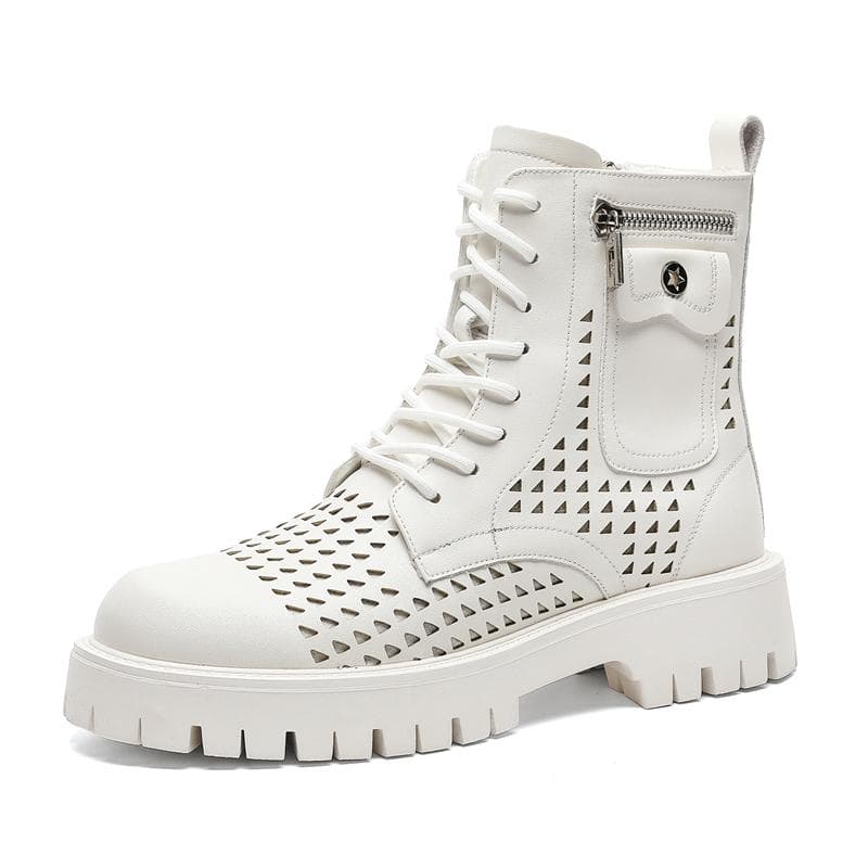 Men's White High-top Leather Boots 2024 New Outdoor Winter Work Walking Ankle Boots British Style Thick Soled Hollow Out Boots 44 white