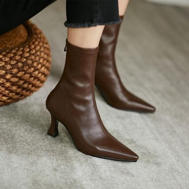 High Quality Soft PU Leather Women Boots Thin High Heel Pointed Toe Zipper Chelsea Short Boots Dress Pumps Boots Women 38 brown