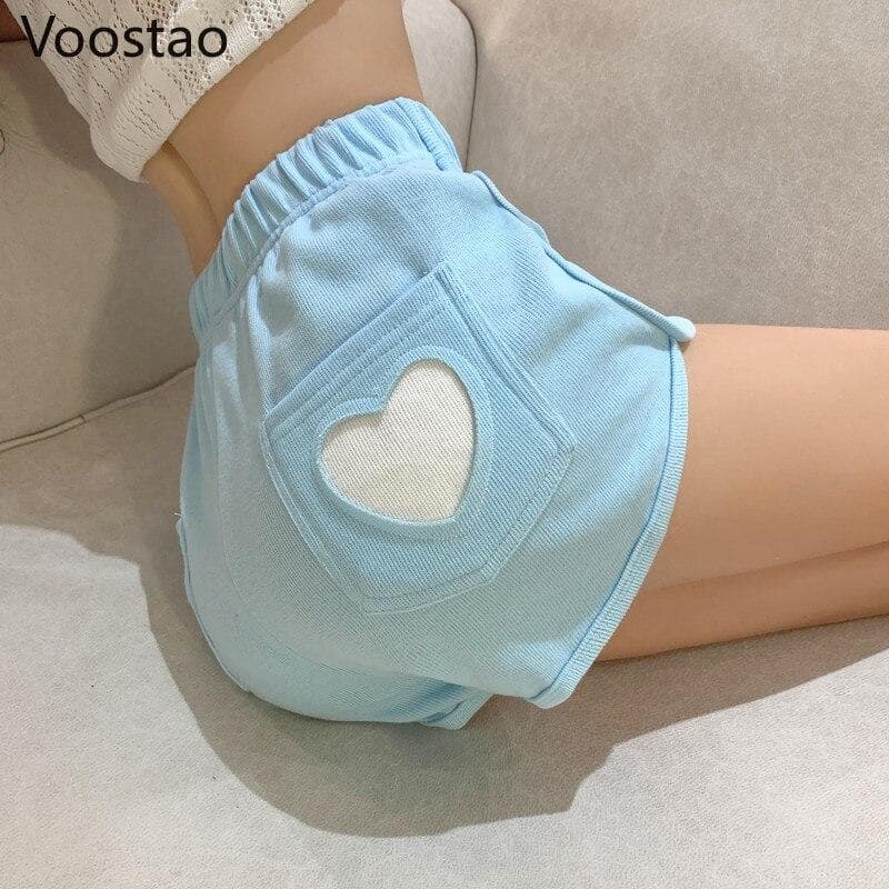 Sweet Harajuku Sports Shorts Female Korean Cute Love Lolita Casual Shorts Girls High Waist Loose Punk Shorts S blue