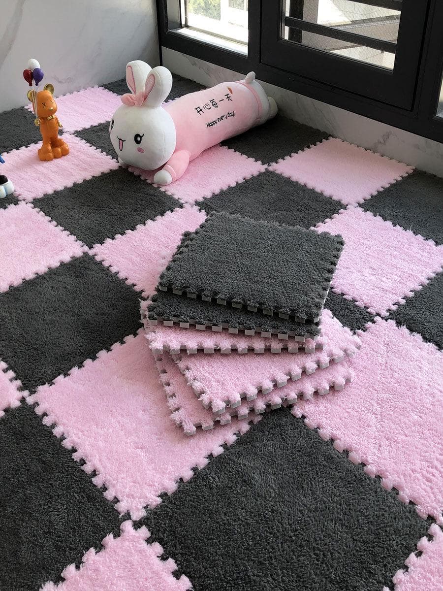 Elegant 2022 Dirt-Resistant Bedroom Carpet and Living Room Floor Mat for Master Bedroom and Bay Window. 30x30CM 12pcs + Edging gray/pink