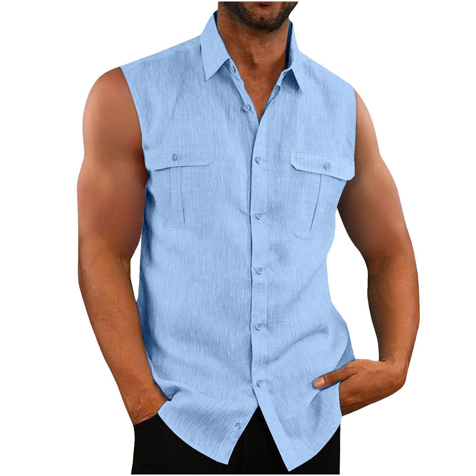 Men's Shirt Double Pocket Cotton Linen Sleeveless Shirt Comfortable and Breathable Men's Tank Top M blue
