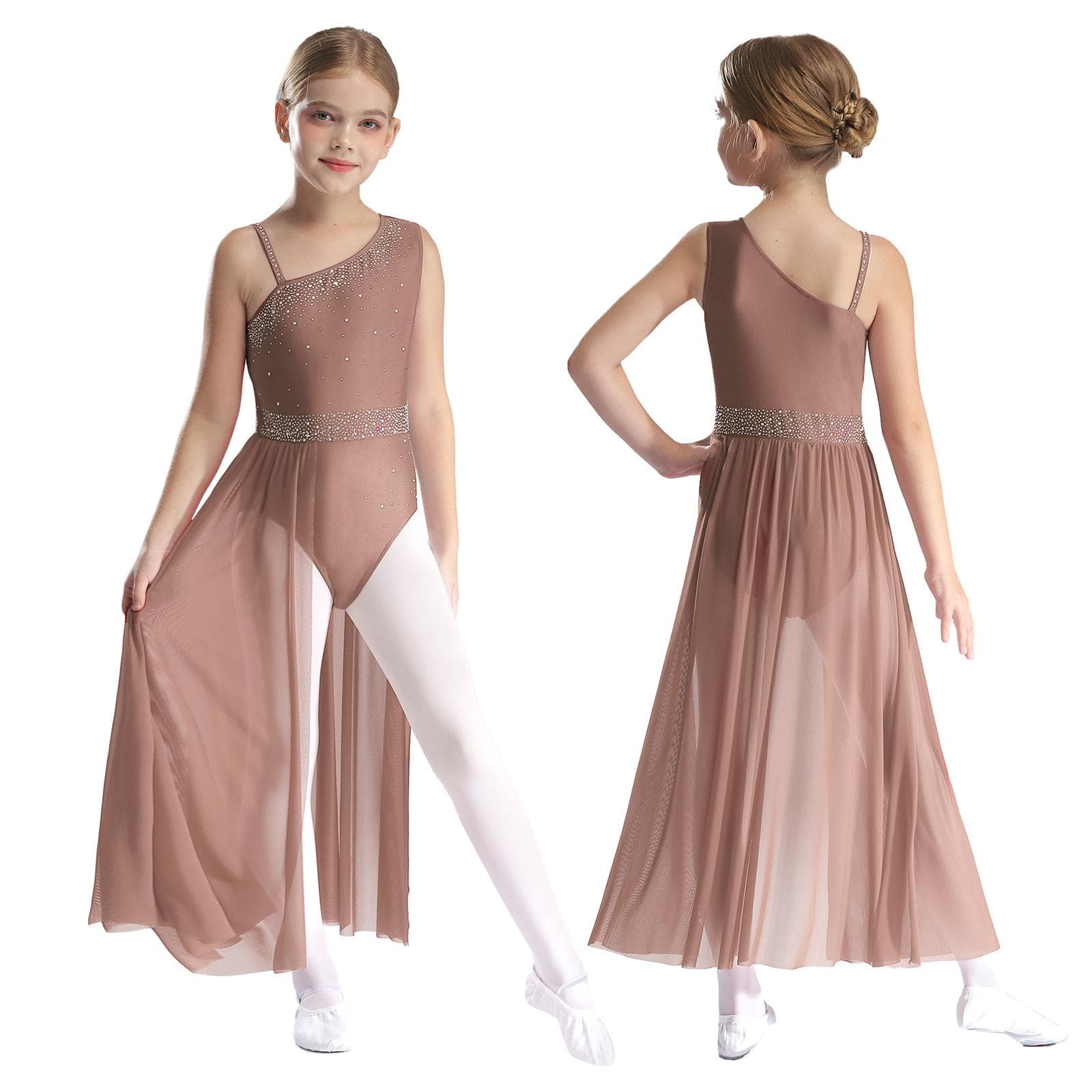 Kids Girls Ballet Lyrical Dance Dress Gymnastics Leotard with Skirt Sheer Mesh Figure Skating Modern Contemporary Dance Costume 11-12 Years