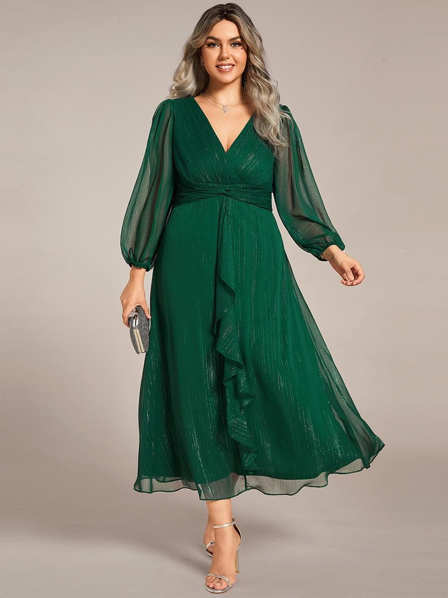 Ever-Pretty Women's Plus Size Shiny Chiffon Long Sleeve Wedding Guest Dress Twist Knot A-Line Evening Dresses 6XL dark green