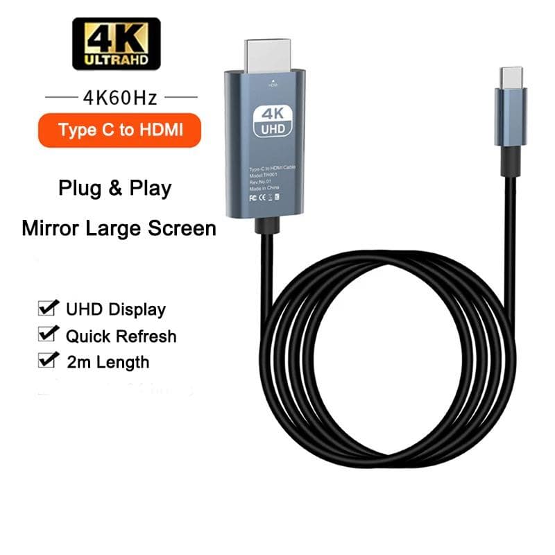 4K@60Hz/30HZ Type C To HDMI Cable USB C to HDMI-compatible Cable 2m TV Display Adapter for MacBook Laptop Plug and Play 60HZ