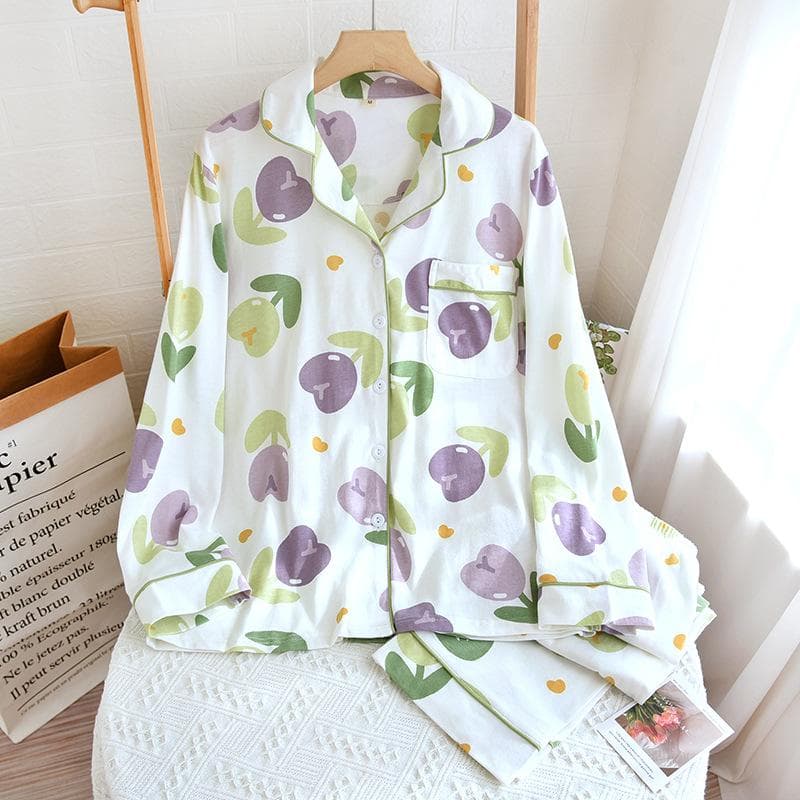 Spring and Autumn New Women's Pajama Set Cotton Knitted Polo Collar Flower Long Sleeve Pants Two Piece Ladies Home Suit XL white