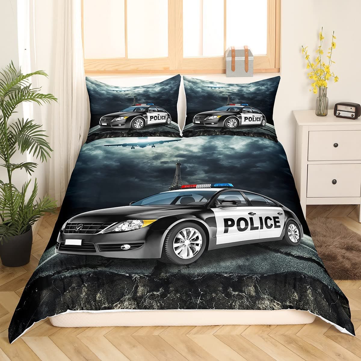 Policeman Car King Queen Duvet Cover Cartoon Black Police Car Bedding Set Boys Red Blue Cop Lights 2/3pcs Polyester Quilt Cover 70x133cm 2pcs