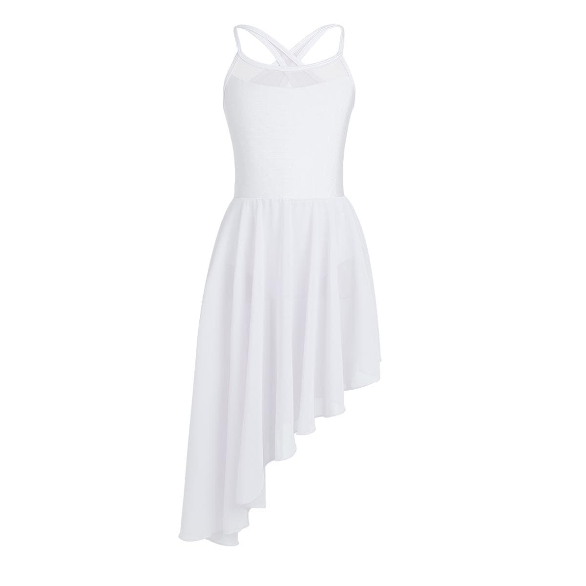 Kids Big Girls Asymmetric Chiffon Skirted Lyrical Ballet Dress Ballroom Dance Leotard Costume 9-10 Years white