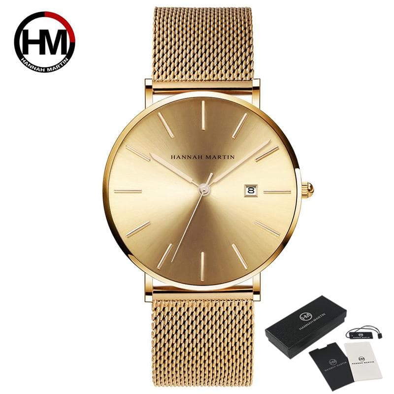 Hannah Martin Fashion Men's Watch Brand Luxury Male Quartz Watches Minimalist Casual Leather Strap Digital Calendar Wristwatch Men Clock gold