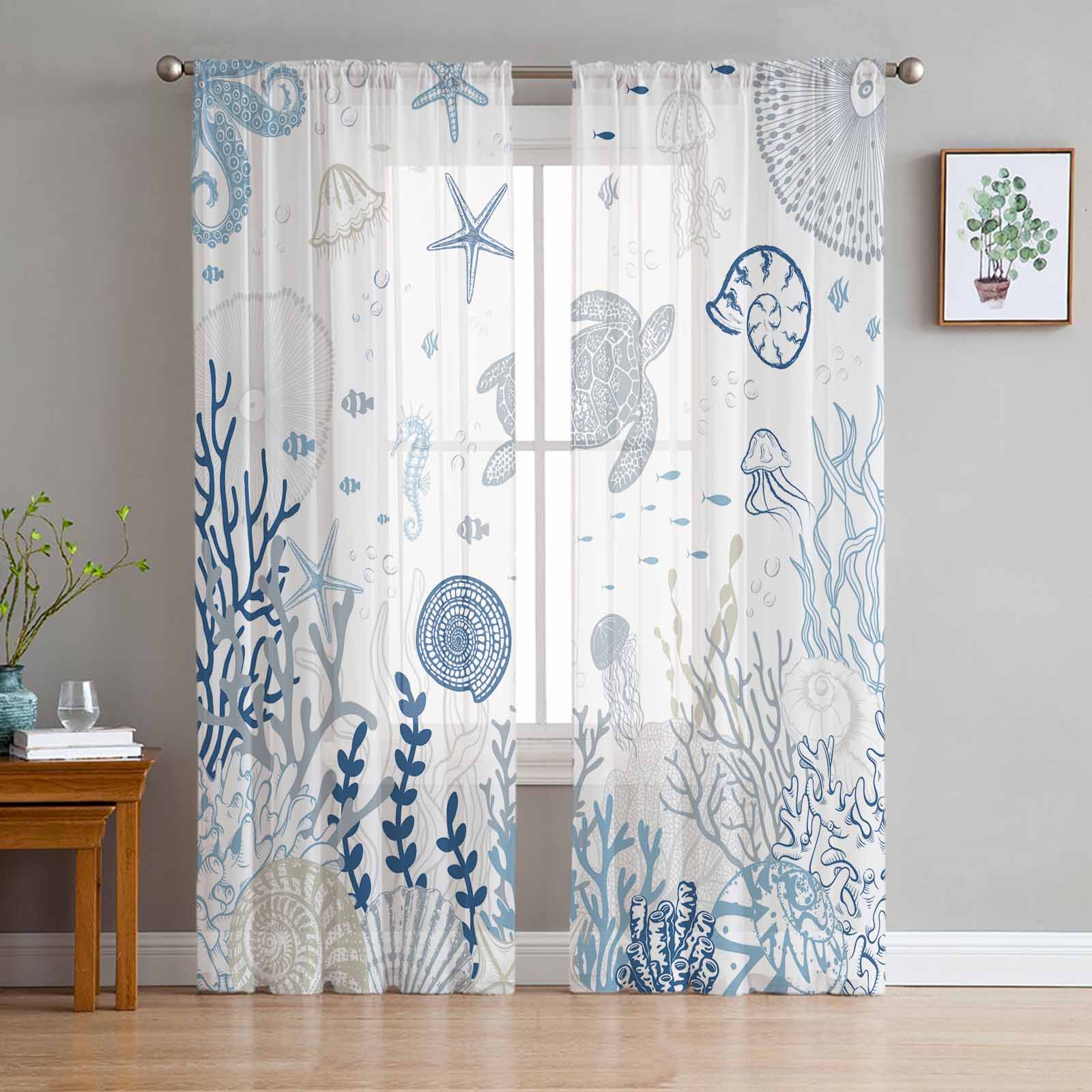 Marine Coral In Summer Turtle Tulle Window Curtains for Bedroom Luxury Home Decor Drapes in Living Room Chiffon Panels 135W x 114H(cm)