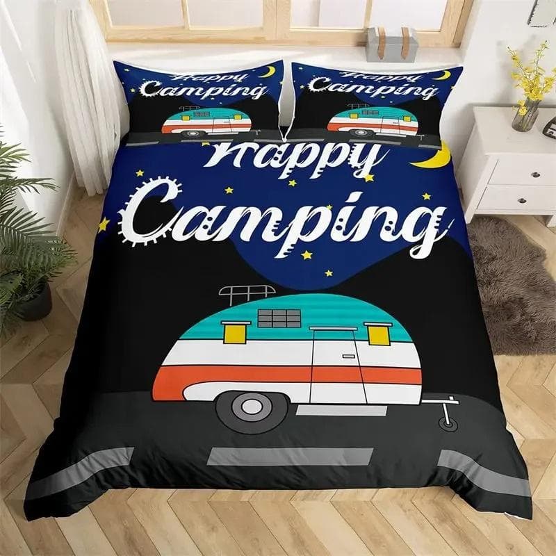 Happy Camping Duvet Cover Queen Cartoon Caravan Camping Bedding Set Farmhouse Style 3D Camper Comforter Cover With Pillowcases 140x200cm 2pcs