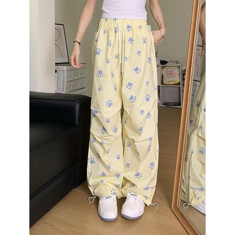 Niche Dog Paw Print Casual Pants for Women In Spring and Autumn New Versatile Straight Wide-leg Trousers M yellow