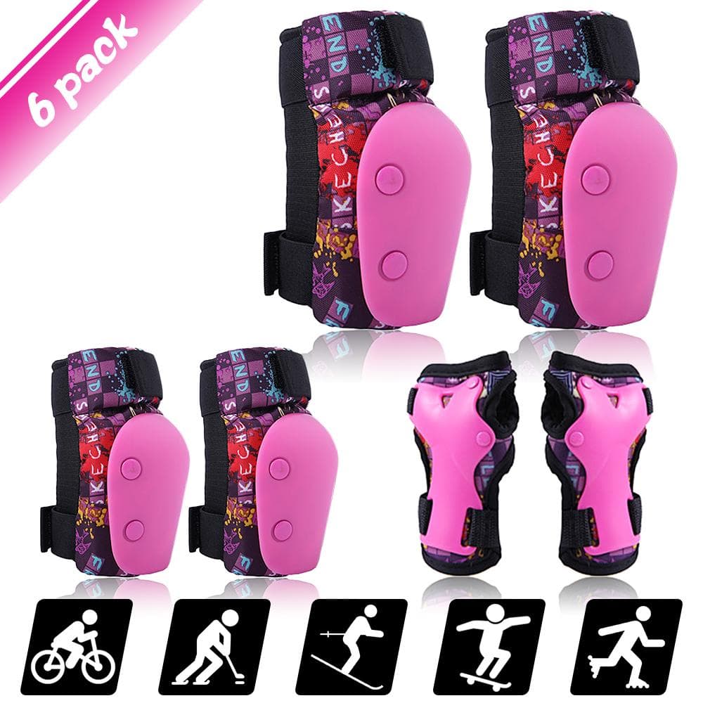 6 in 1 Kids Bike Pads Set Knee Pads Elbow Pads Wrist Guards Sport Protective Gear Set for Cycling S pink