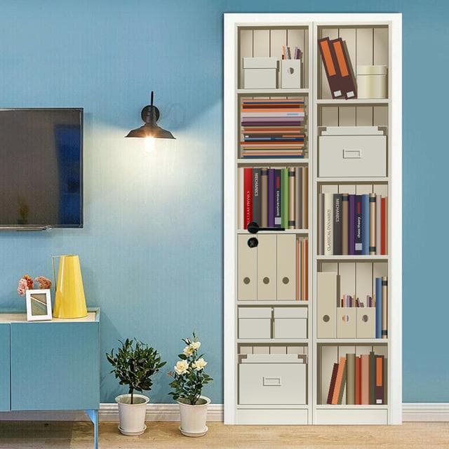 Wooden Bookshelf Door Stickers Spiral Staircase Library Retro Literature Art Bookstore Decor Renovation PVC Wallpaper Sticker 77x200cm