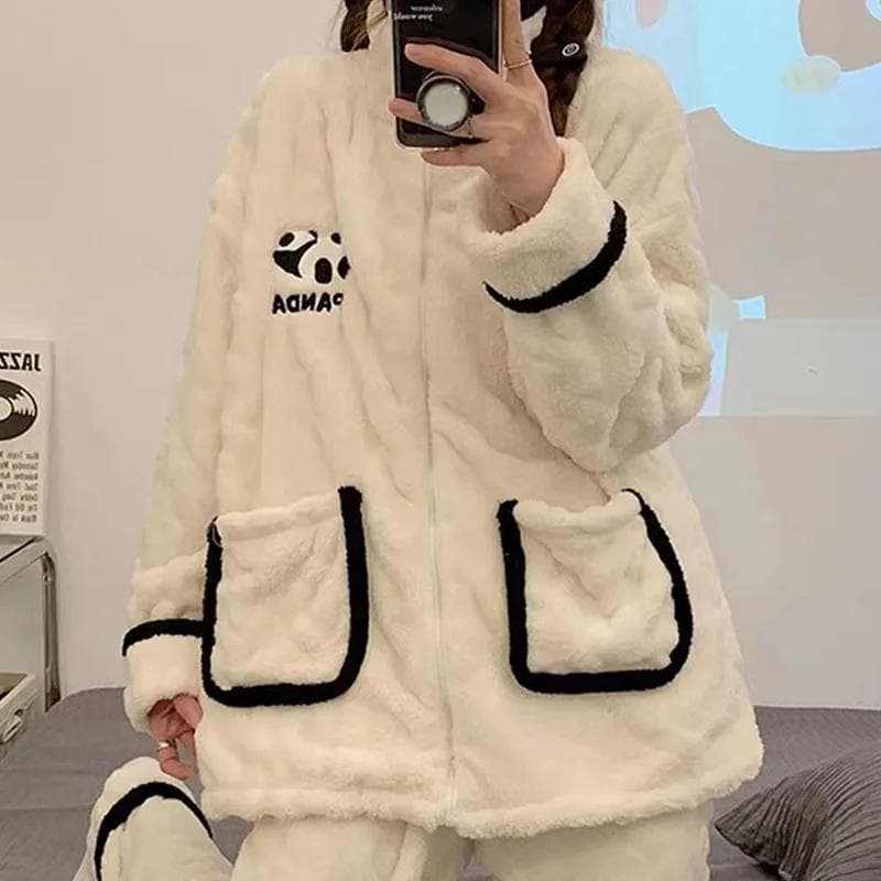 Women Cute Panda 2Pcs Loungewear Thicken Coral Fleece Pajamas Suit Warm Homewear Autumn Winter New Nightwear Loose Pjs 2XL beige