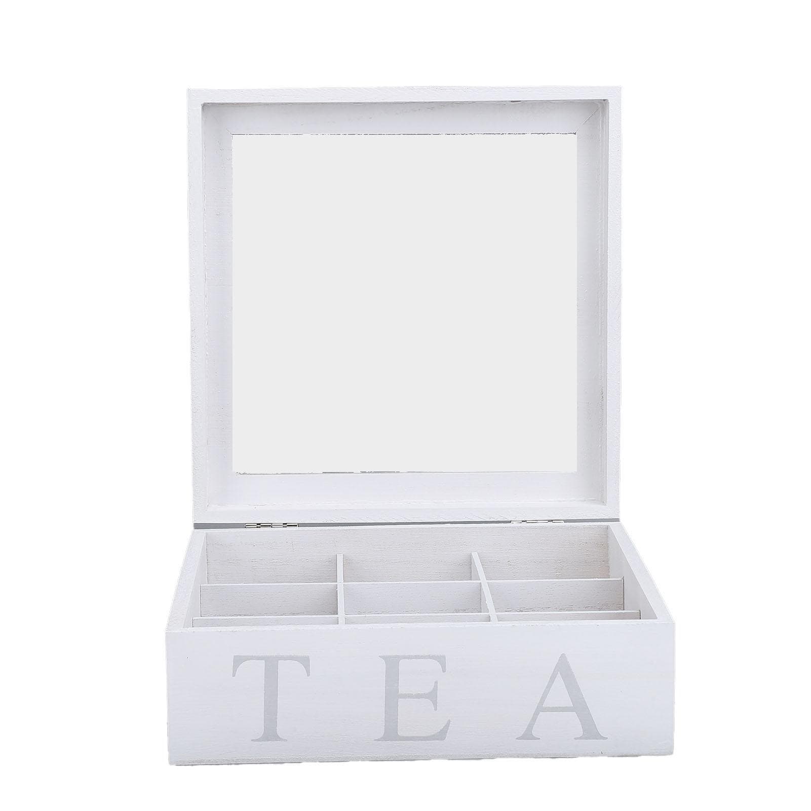 Wooden Tea Storage Organizer with Clear Acrylic Top Window 9 Compartments Eco Friendly Tea Bag white