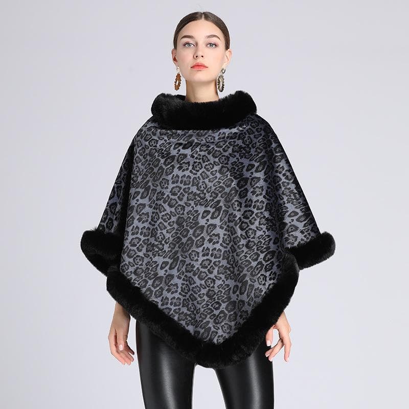 Vintage Knit Faux Fur Trim Poncho Leopard-Print Sleeveless Coat Women Winter Thicken Lining Pullover Wraps Cloak Warm Shawl for Female One size black