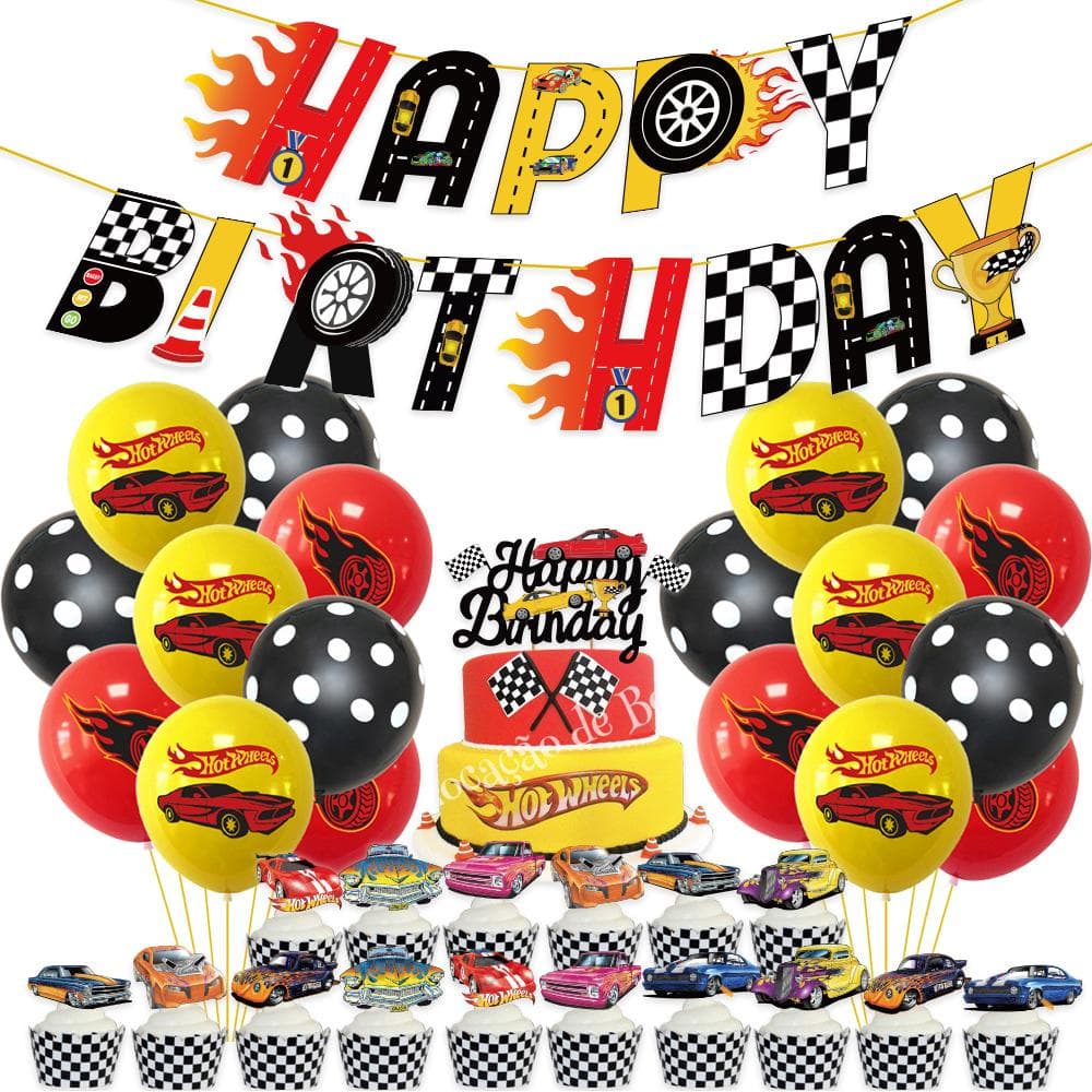 36pcs Hot Wheels Party Decoration Include Banner Cake Topper Balloons