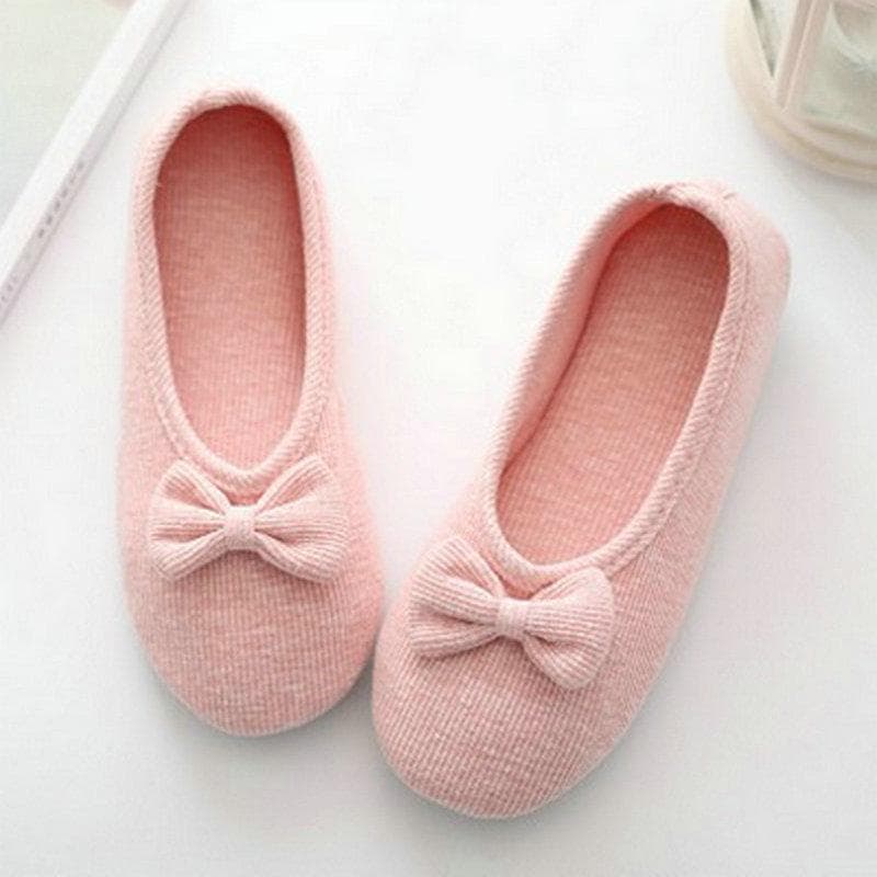 Lovely Bowtie Autumn Women Home Slippers For Indoor Bedroom Soft Bottom Cotton Warm Shoes Adult Guests Flats Non-Sip Girl Shoes 34-35 pink