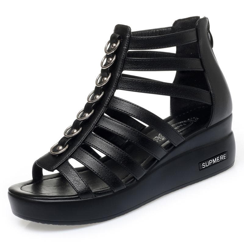 Fashion Comfort Breathable Cutout Med Heels Sandals Summer 2024 Fashion Versatile Open Toe Black Soft Leather Shoes for Office Mom 39(Foot24.5cm)