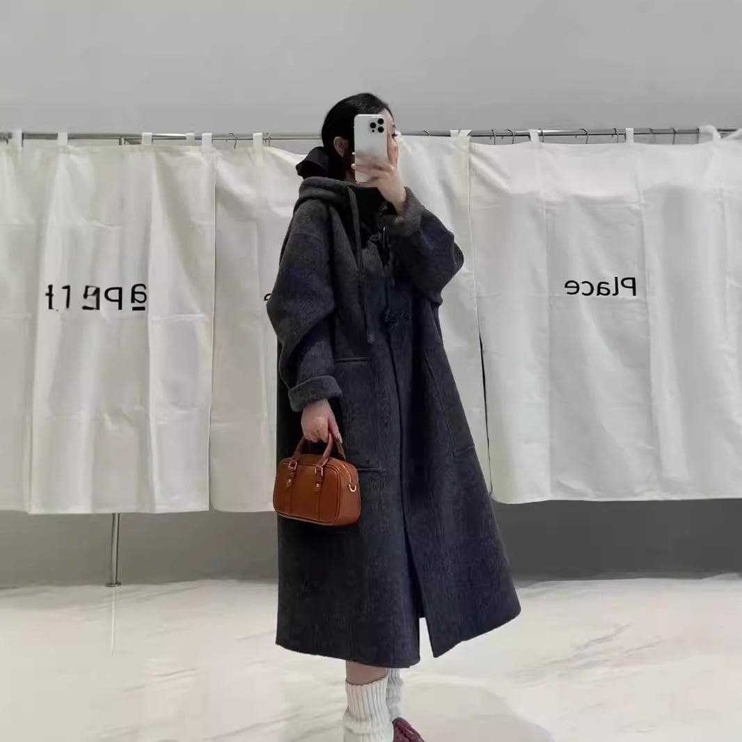 Autumn and Winter New Korean Version Loose Hooded Horn Buckle Coat Coat M