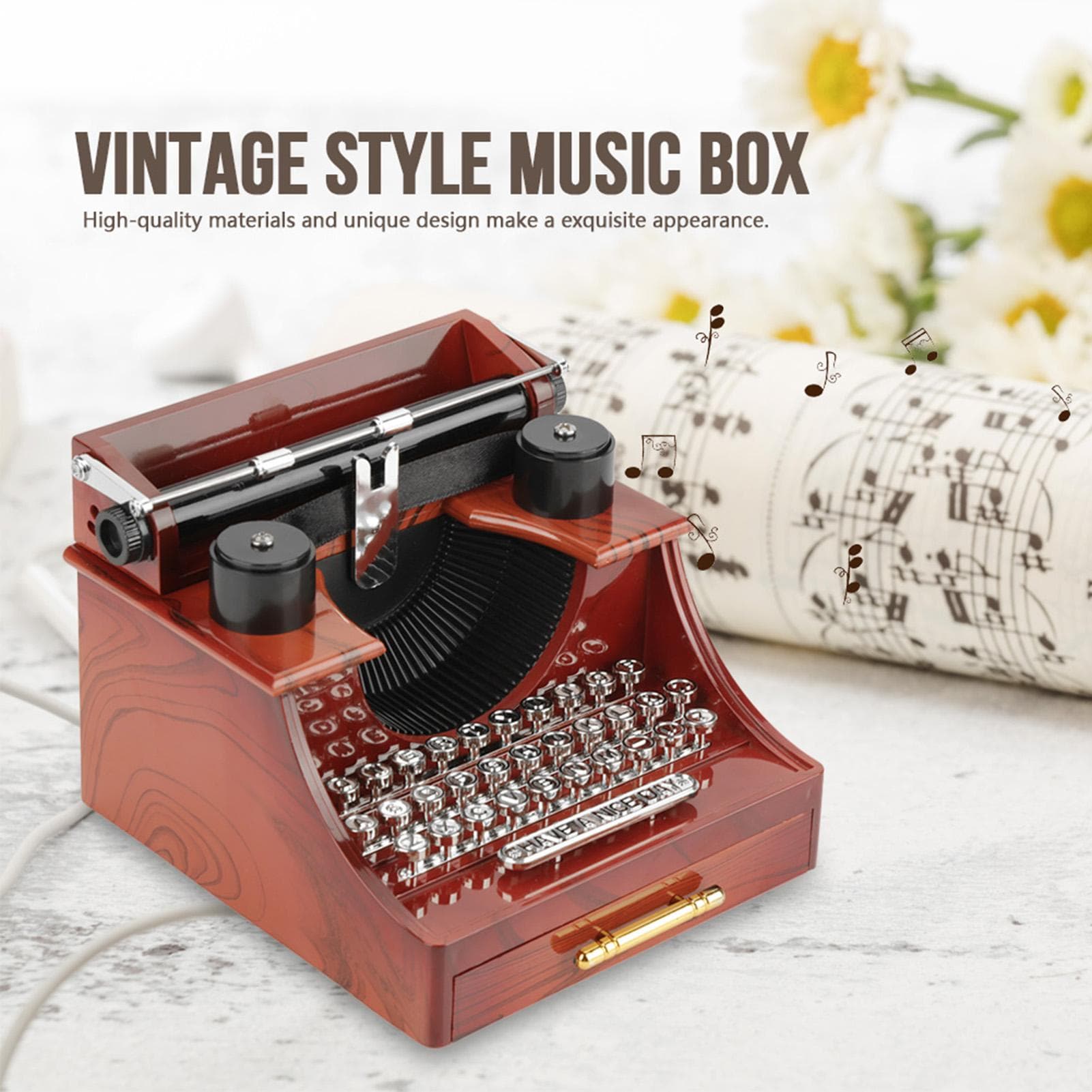 Mini Vintage Style Creative Retro Typewriter Clockwork Music Box Gift Table Decoration