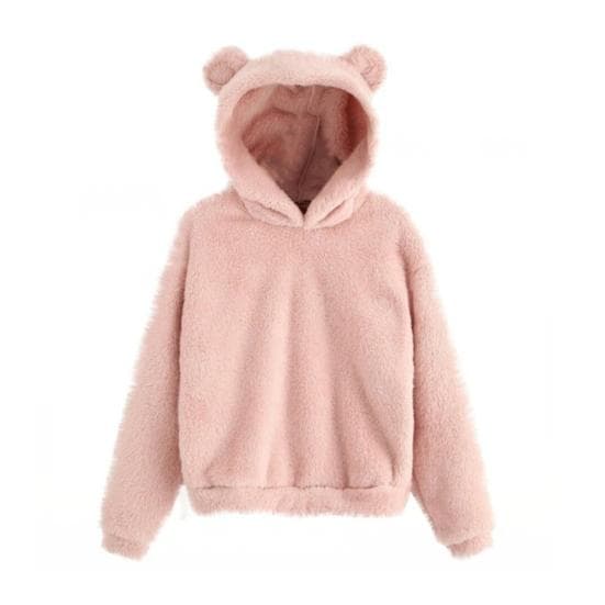 Women Long Autumn Winter Sleeve Rabbit Ear Hood Sweatshirt Plush Warm Hoodie M pink