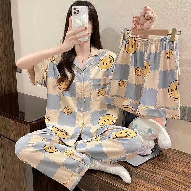 3-piece Set of Women's Spring and Summer Pajamas Cardigan Simple Short-sleeved Sweet Plaid Casual Home Wear Cartoon Printed Home Wear One size blue