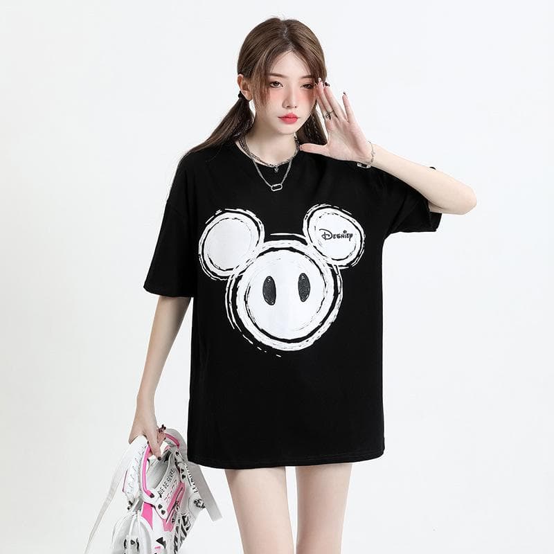 Pure Cotton Couple's T-shirt for Women and Men of The Same Style, New Summer Creative Printing Loose and Thin Round Neck Short-sleeved Shirt XL black