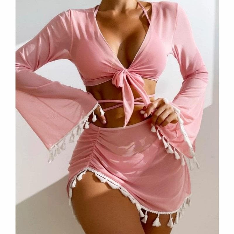 4 Piece Solid Color Fringe Cover Up Mesh Skirt Bikini Swimwear Set Women's Stylish Beachwear S pink