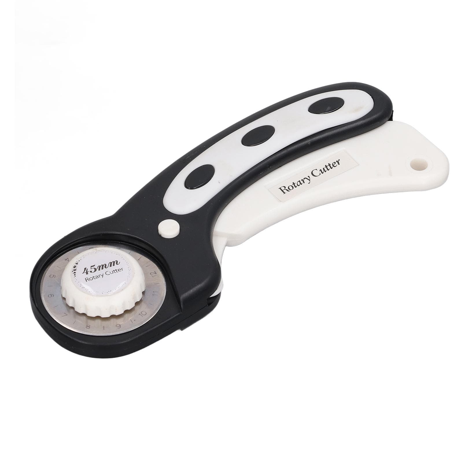 Rotary Cutter Black Replaceable Blades Safety Button Curved Handle Plastic Stainless Steel Fabric