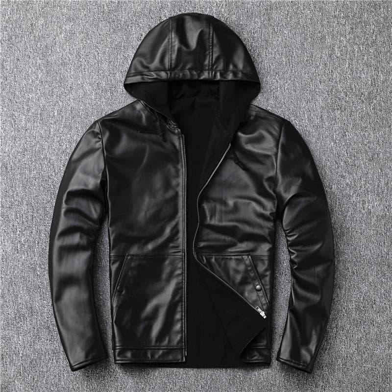 Genuine Leather Jacket Men's Sheepskin Leather Jacket Cotton Thickened Warm Lining Hooded Casual Jacket S black