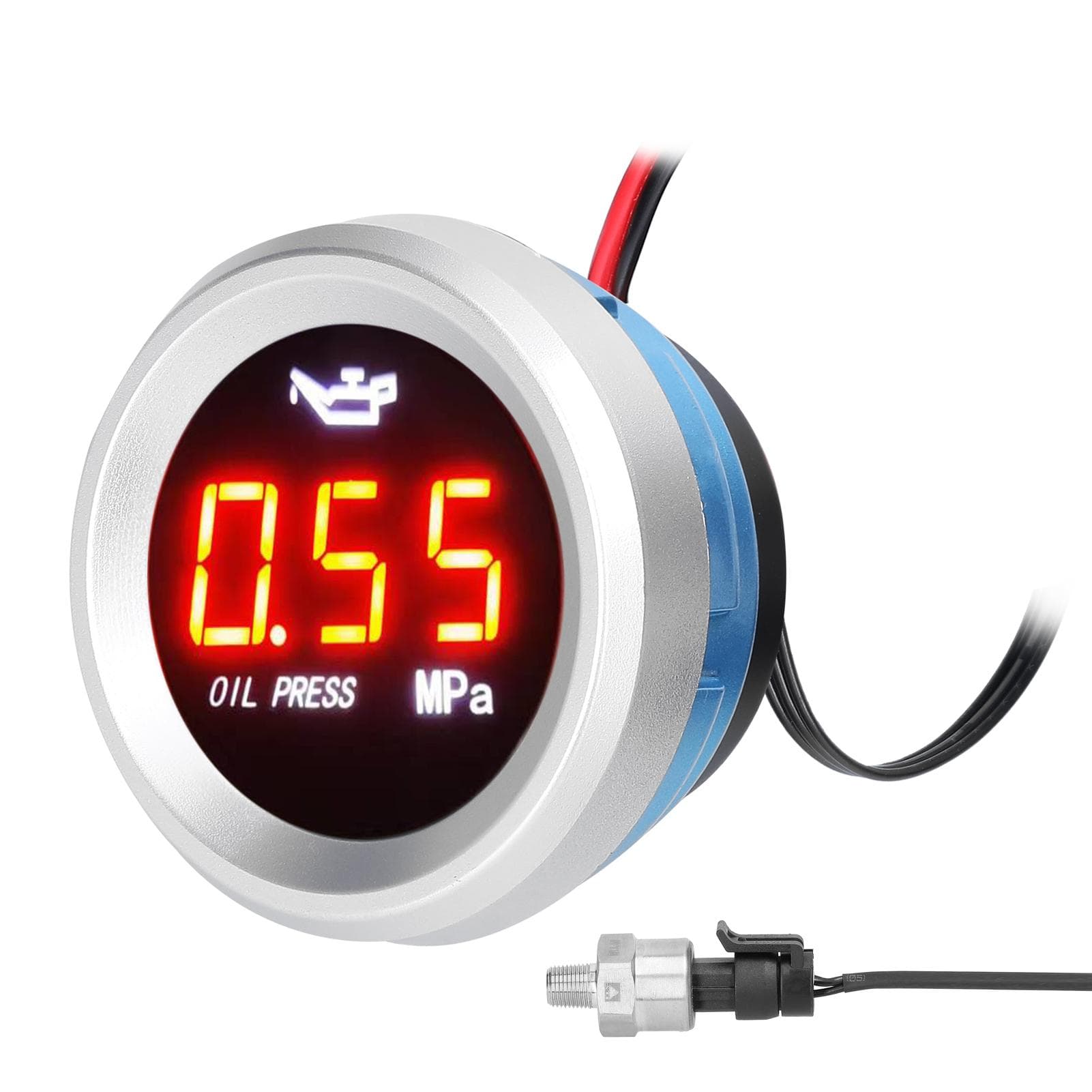 52mm Oil Pressure Gauge Car Digital Meter LED Display 9-35V with 1/8NPT Sensor Alarm Function black