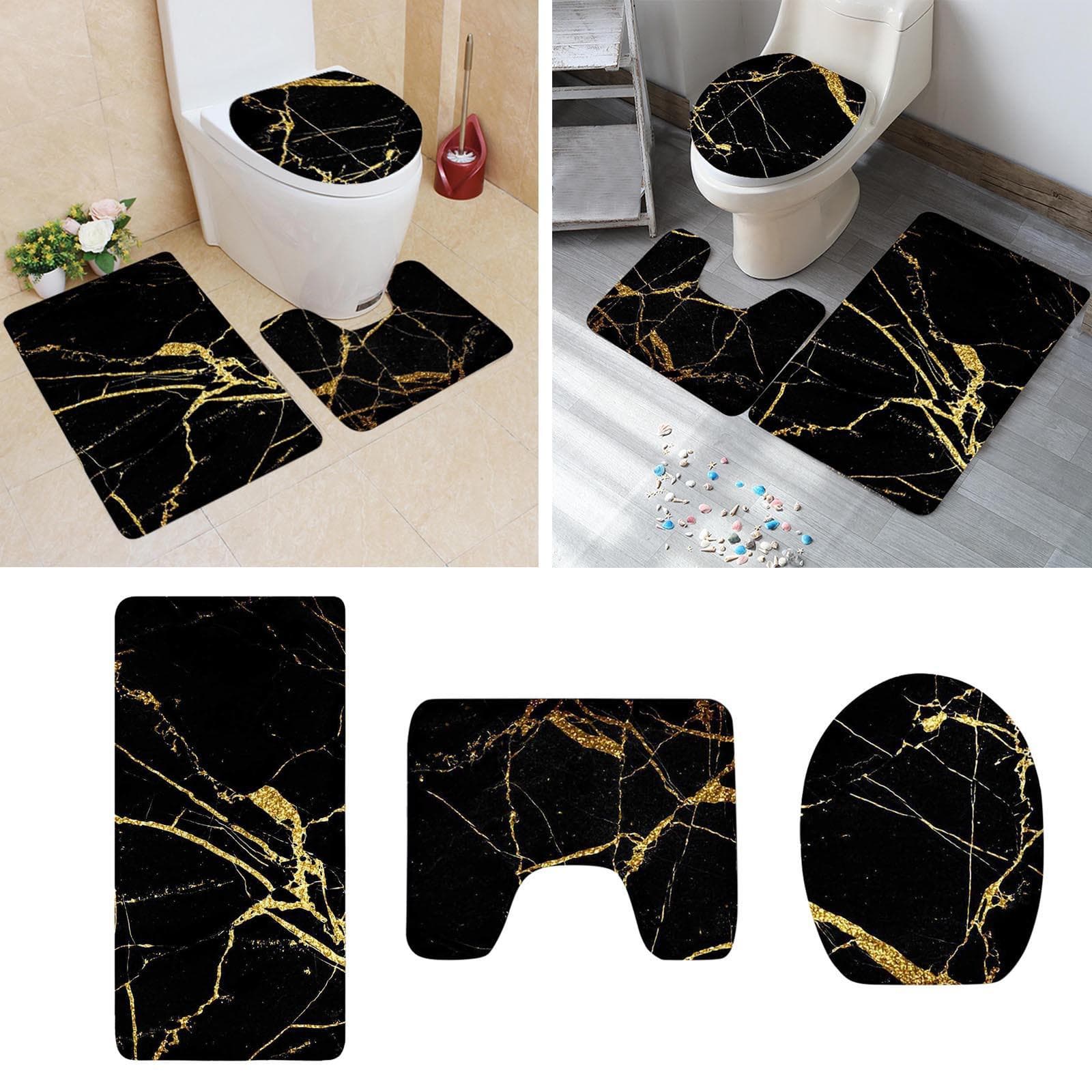 3 Piece Set Bathroom Rug Marbling Non-Slip Extra Absorbent Toilet Bath Foot Mats Sets Soft & Dry Home Washable Carpets black