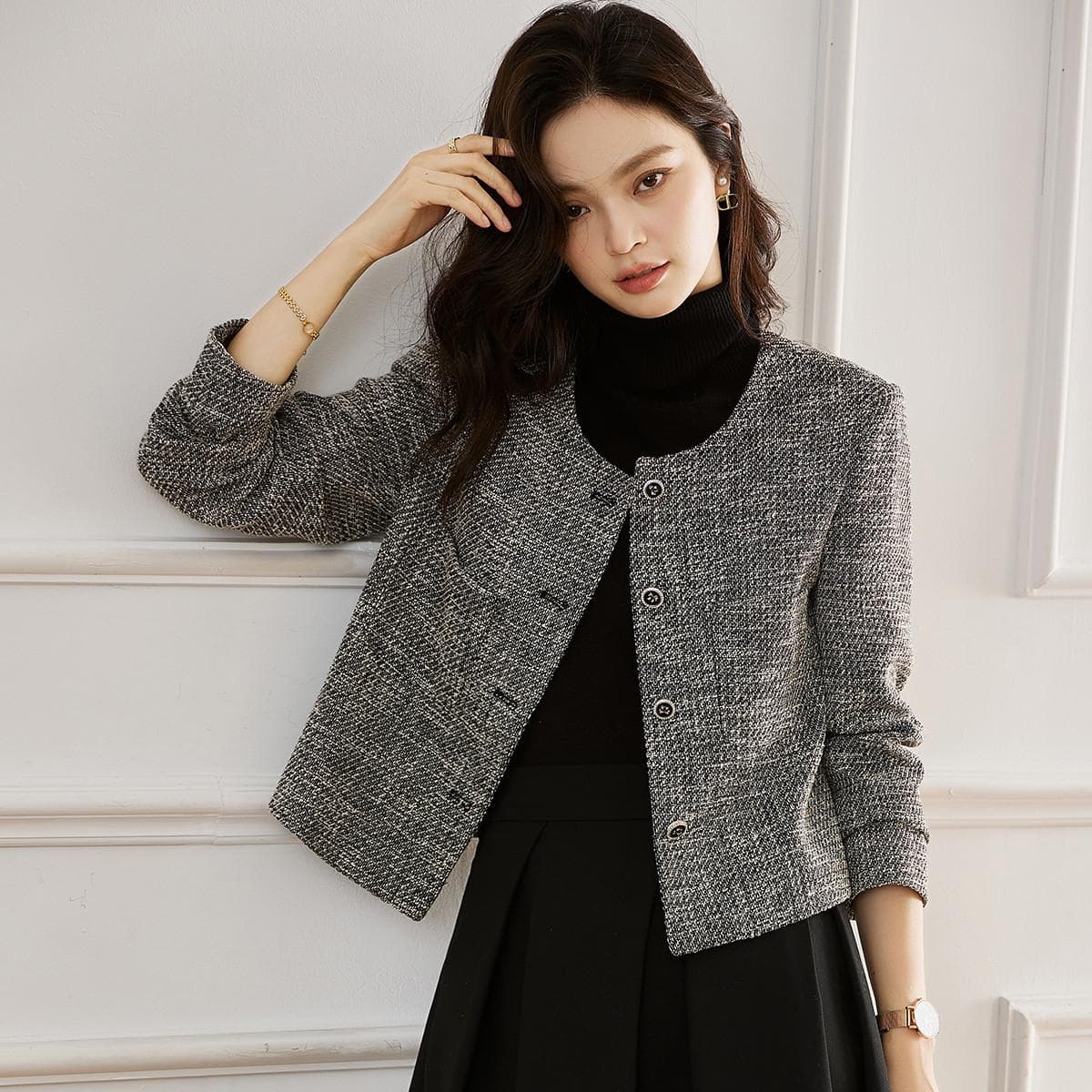 Simple Temperament Small Fragrant Jacket Women's Autumn Retro Sense Age-reducing Short Long-sleeved Top 2XL dark gray
