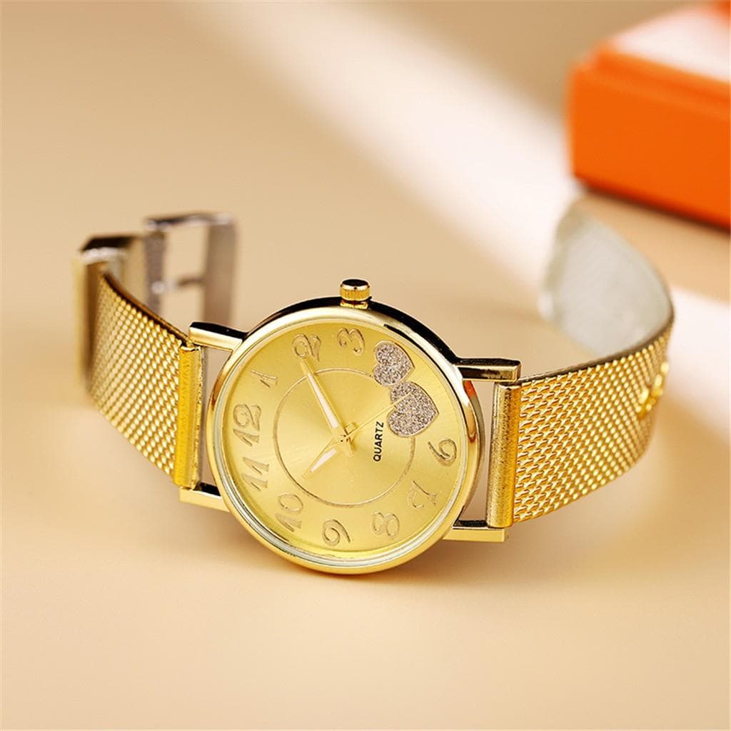 Charming Women's Quartz Watch Rose Gold Tone Watch Heart Accent Design Silicone Mesh Band Stylish Cute Look Precise Wristwatch gold
