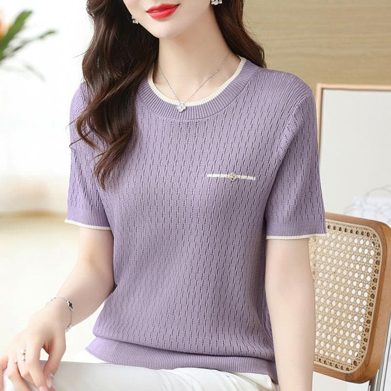 Summer Ice Silk Short Sleeve T-shirt Women Thin Casual Knitted Blouse Woman Short Sleeve Round Neck Tee Tops Office Lady Blouses 2XL purple