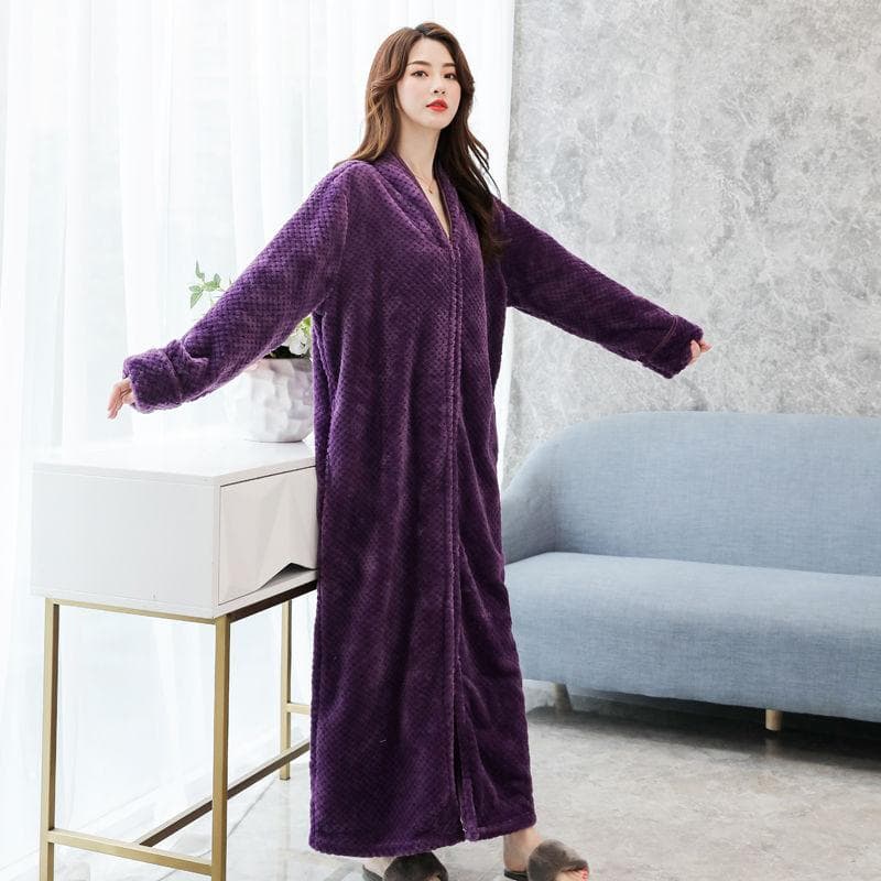 Women's Winter Long Warm Home Clothes Coral Velvet Bathrobe Solid Color Pajamas Flannel Pajamas Bathrobe Dressing Gown L