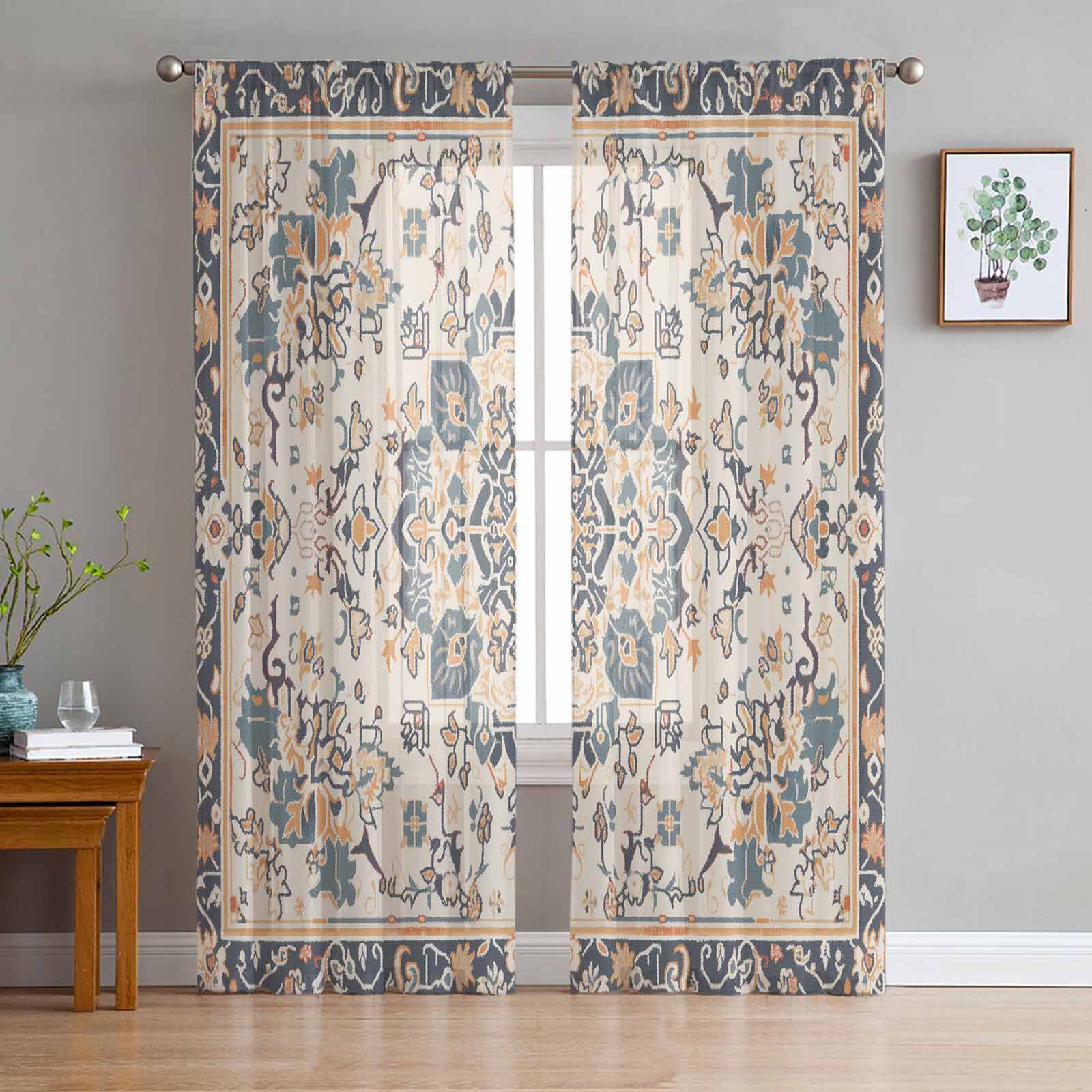 Ethnic Style Retro Persian Pattern Floral Window Tulle Curtains for Living Room Bedroom Hotel Luxury Decoration Sheer Curtains 135W x 114H(cm)